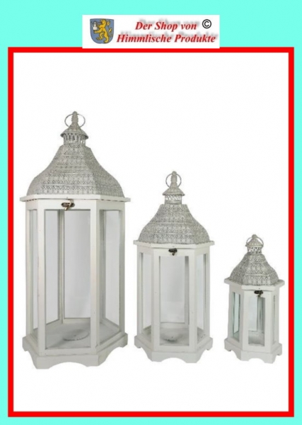 Laterne 3er Set - 6eckig – weiss mit Metalldach